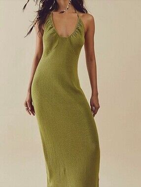 Free People Olive Green Halter Knit Maxi Dress Lace-up Back Women's Size XL
